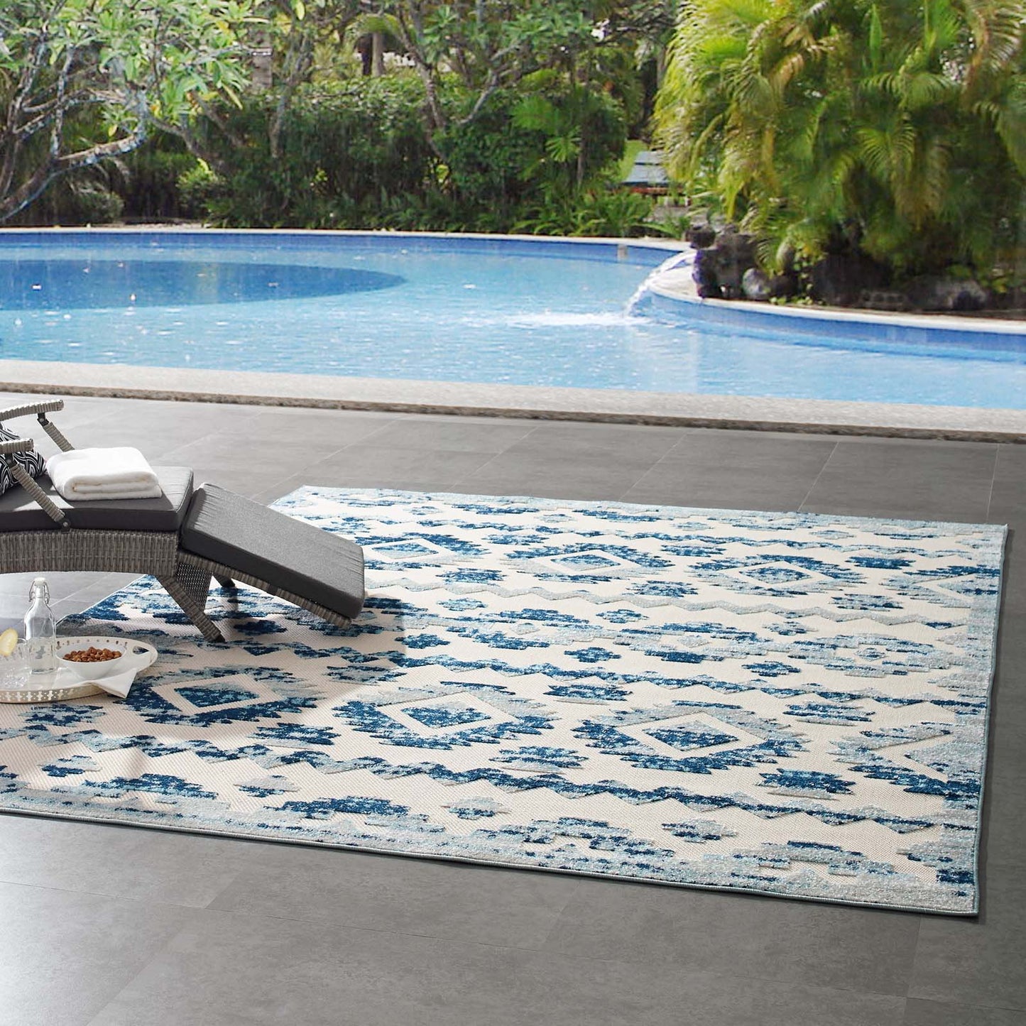Modway Outlet Reflect Takara Abstract Diamond Moroccan Trellis 8x10 Indoor and Outdoor Area Rug by Modway  Living Room Rugs Ivory and Blue - R-1180A-810