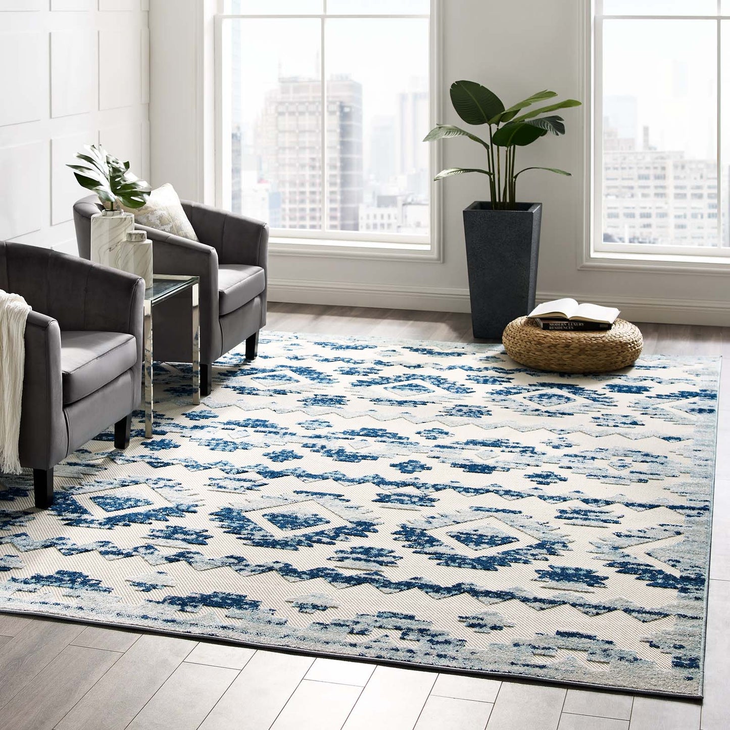 Modway Outlet Reflect Takara Abstract Diamond Moroccan Trellis 8x10 Indoor and Outdoor Area Rug by Modway  Living Room Rugs Ivory and Blue - R-1180A-810