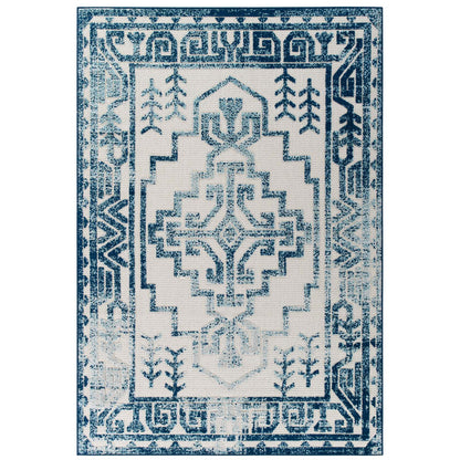Modway Outlet Reflect Nyssa Distressed Geometric Southwestern Aztec 5x8 Indoor/Outdoor Area Rug by Modway  Living Room Rugs Ivory and Blue - R-1181B-58
