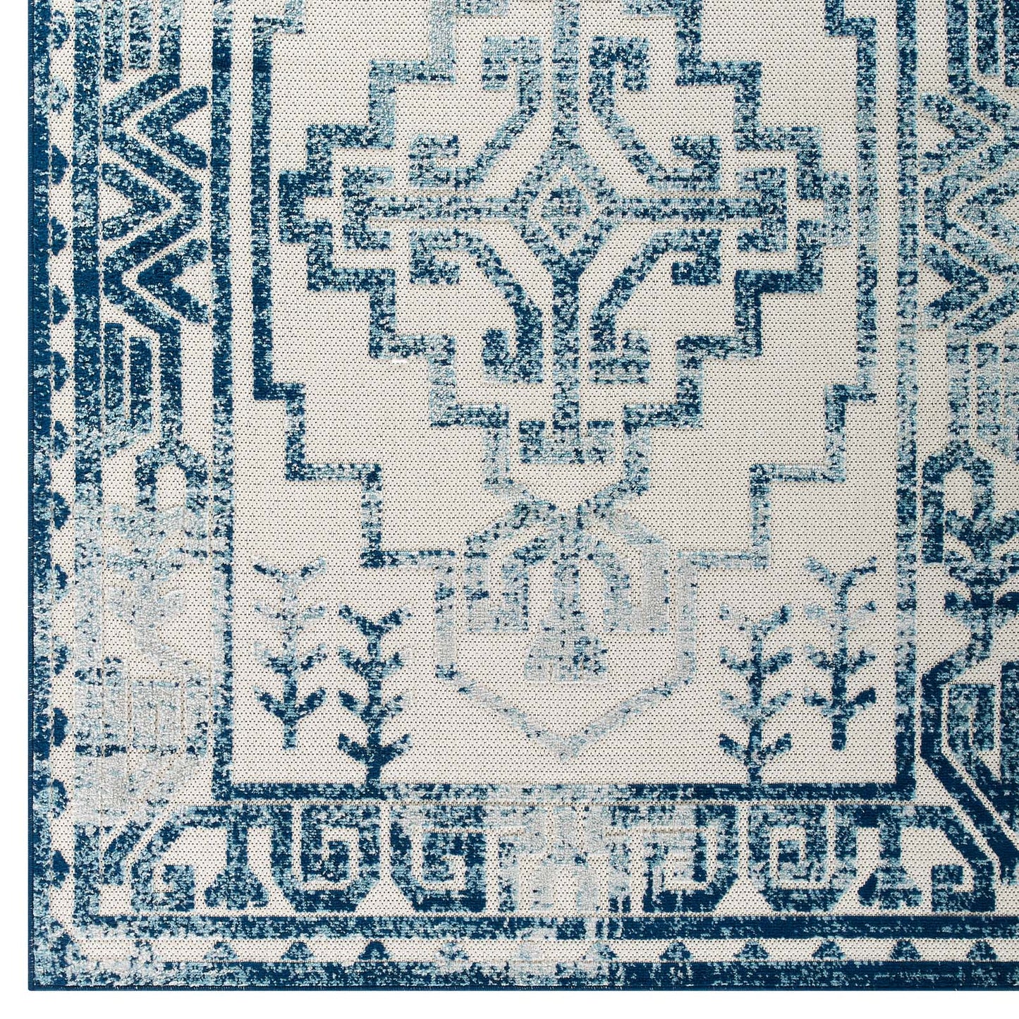 Modway Outlet Reflect Nyssa Distressed Geometric Southwestern Aztec 5x8 Indoor/Outdoor Area Rug by Modway  Living Room Rugs Ivory and Blue - R-1181B-58