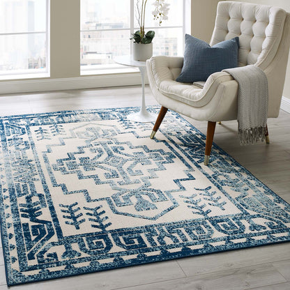 Modway Outlet Reflect Nyssa Distressed Geometric Southwestern Aztec 5x8 Indoor/Outdoor Area Rug by Modway  Living Room Rugs Ivory and Blue - R-1181B-58