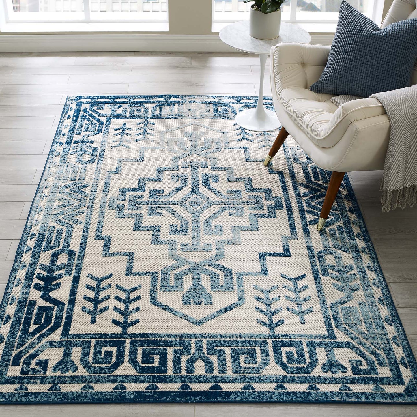 Modway Outlet Reflect Nyssa Distressed Geometric Southwestern Aztec 5x8 Indoor/Outdoor Area Rug by Modway  Living Room Rugs Ivory and Blue - R-1181B-58