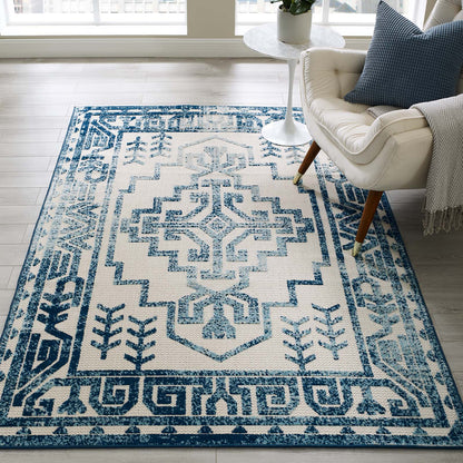 Modway Outlet Reflect Nyssa Distressed Geometric Southwestern Aztec 5x8 Indoor/Outdoor Area Rug by Modway  Living Room Rugs Ivory and Blue - R-1181B-58