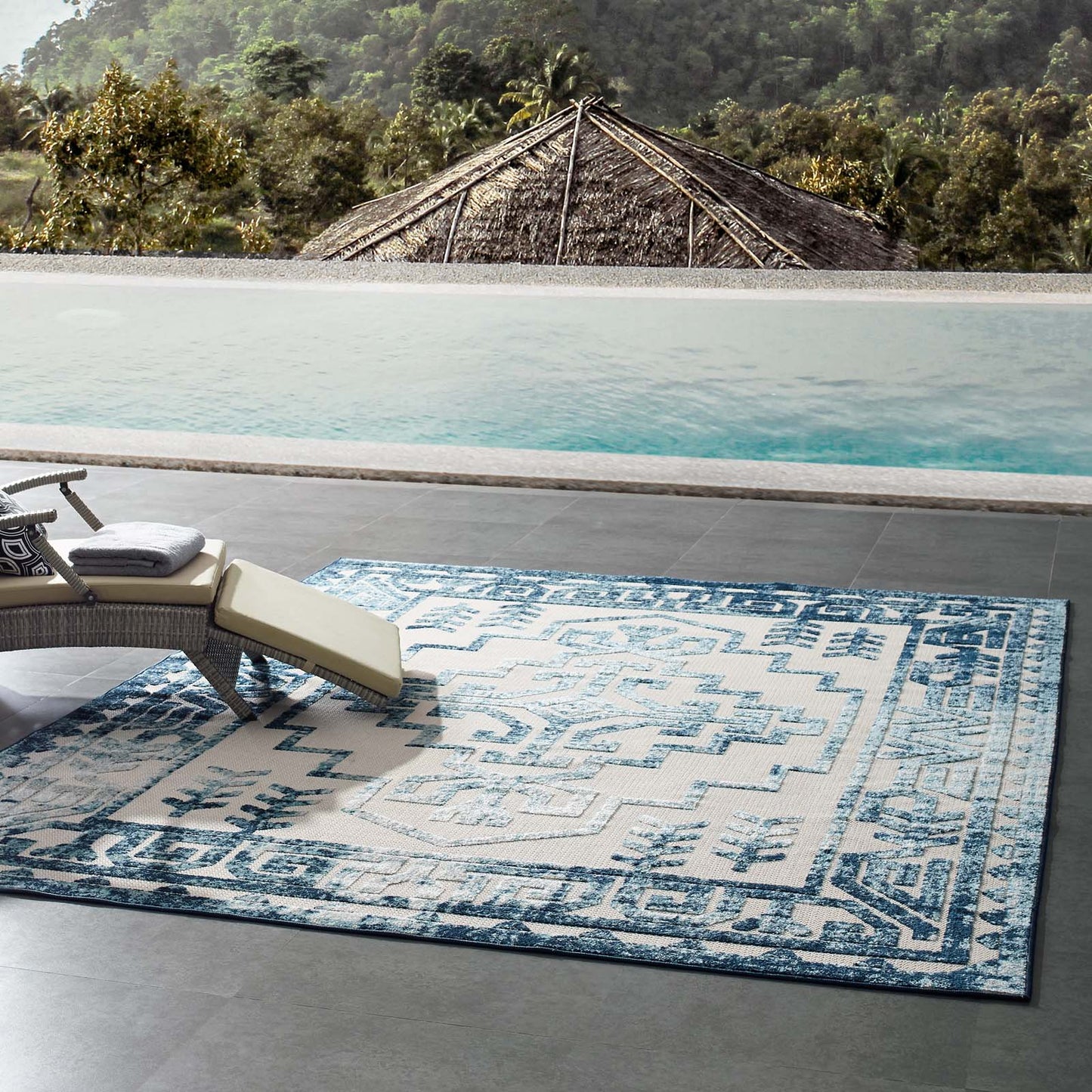 Modway Outlet Reflect Nyssa Distressed Geometric Southwestern Aztec 8x10 Indoor/Outdoor Area Rug by Modway  Living Room Rugs Ivory and Blue - R-1181B-810