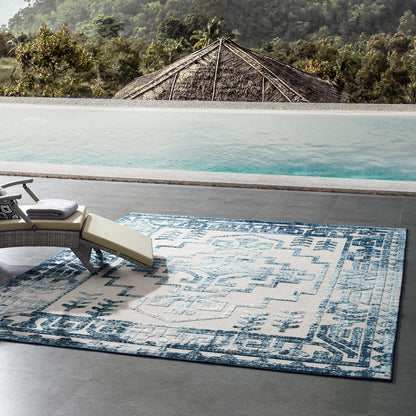 Modway Outlet Reflect Nyssa Distressed Geometric Southwestern Aztec 8x10 Indoor/Outdoor Area Rug by Modway  Living Room Rugs Ivory and Blue - R-1181B-810