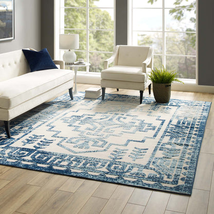 Modway Outlet Reflect Nyssa Distressed Geometric Southwestern Aztec 8x10 Indoor/Outdoor Area Rug by Modway  Living Room Rugs Ivory and Blue - R-1181B-810