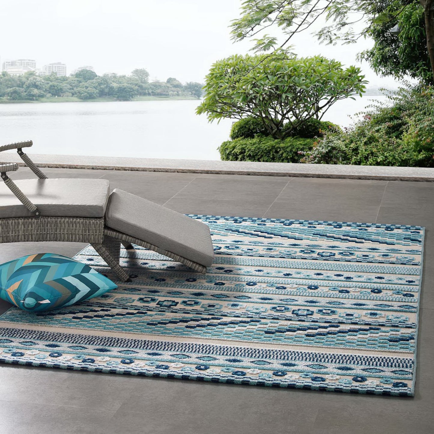 Modway Outlet Reflect Cadhla Vintage Abstract Geometric Lattice 5x8 Indoor and Outdoor Area Rug by Modway  Living Room Rugs Ivory and Blue - R-1182B-58
