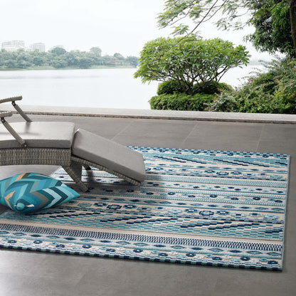 Modway Outlet Reflect Cadhla Vintage Abstract Geometric Lattice 5x8 Indoor and Outdoor Area Rug by Modway  Living Room Rugs Ivory and Blue - R-1182B-58