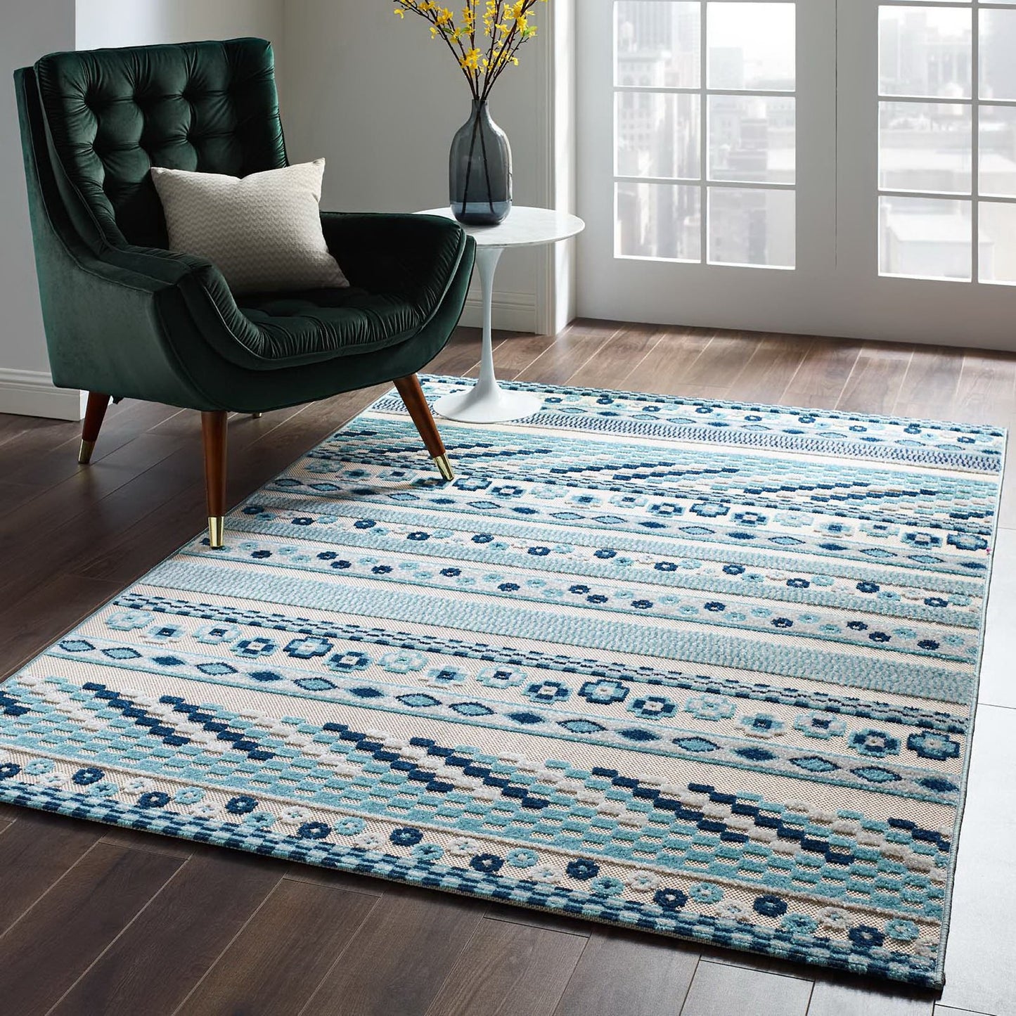 Modway Outlet Reflect Cadhla Vintage Abstract Geometric Lattice 5x8 Indoor and Outdoor Area Rug by Modway  Living Room Rugs Ivory and Blue - R-1182B-58