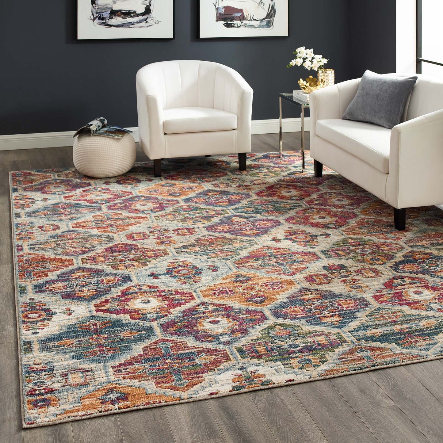 Modway Outlet Tribute Azalea Distressed Vintage Floral Lattice 8x10 Area Rug by Modway  Living Room Rugs Multicolored - R-1185A-810