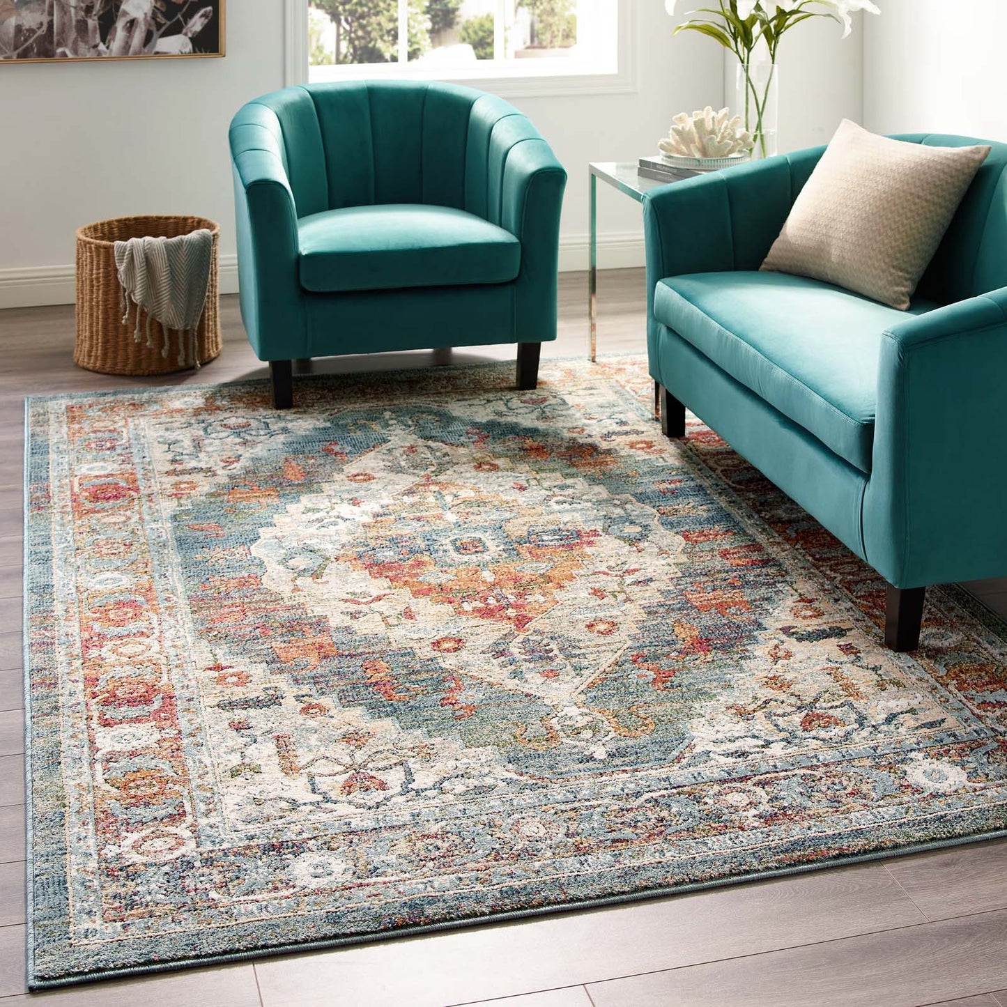 Modway Outlet Tribute Camellia Distressed Vintage Floral Vintage Medallion 5x8 Area Rug by Modway  Living Room Rugs Multicolored - R-1189A-58