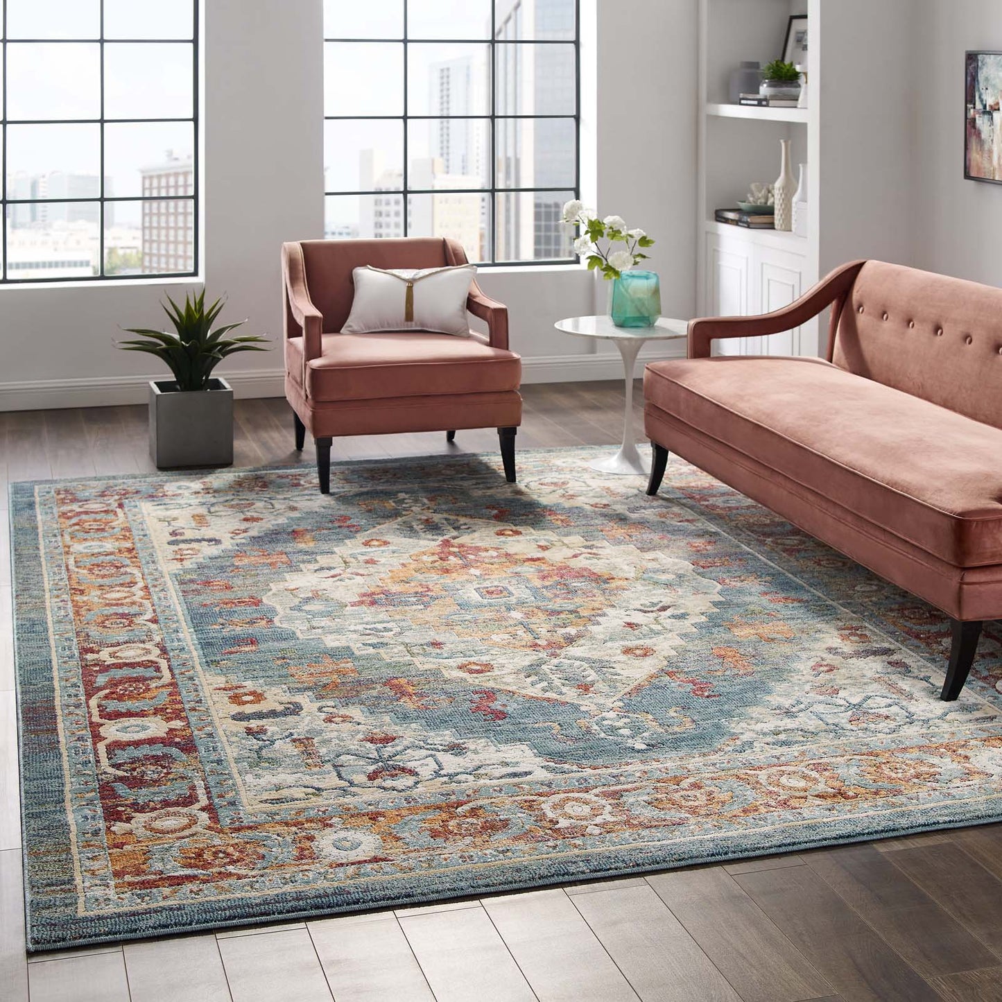 Modway Outlet Tribute Camellia Distressed Vintage Floral Vintage Medallion 8x10 Area Rug by Modway  Living Room Rugs Multicolored - R-1189A-810