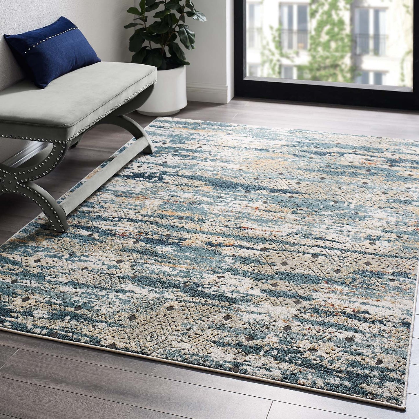 Modway Outlet Tribute Eisley Rustic Distressed Transitional Diamond Lattice 5x8 Area Rug by Modway  Living Room Rugs Multicolored - R-1192A-58