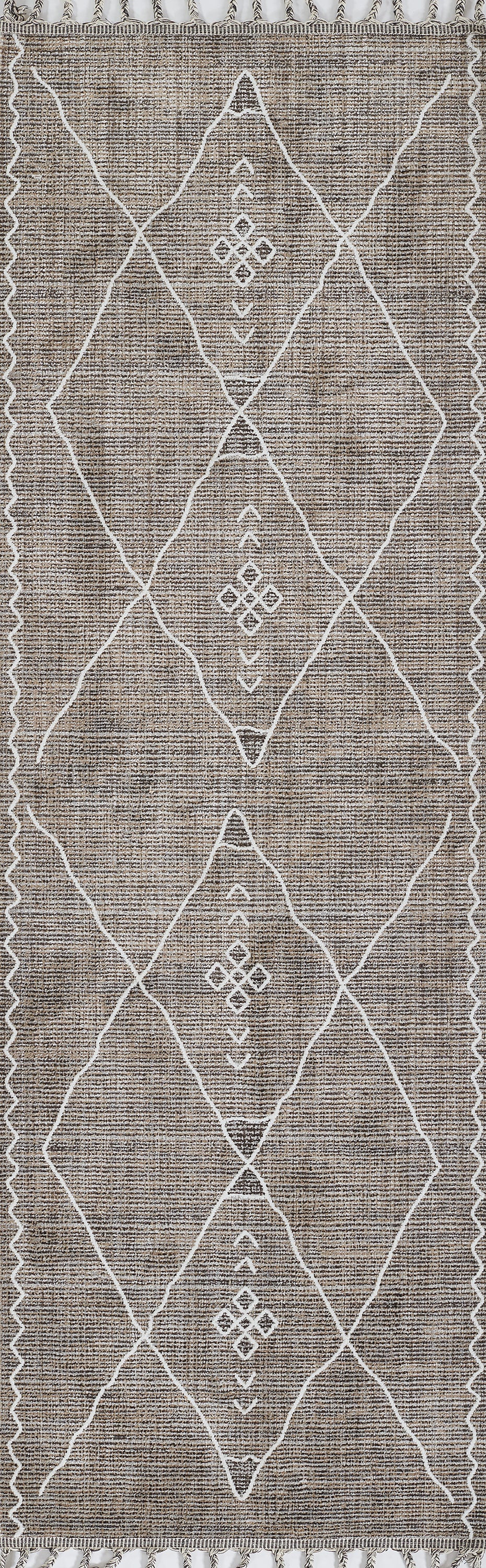 Gray textured flat-weave rug with white diamond lattice pattern and fringe along the ends.