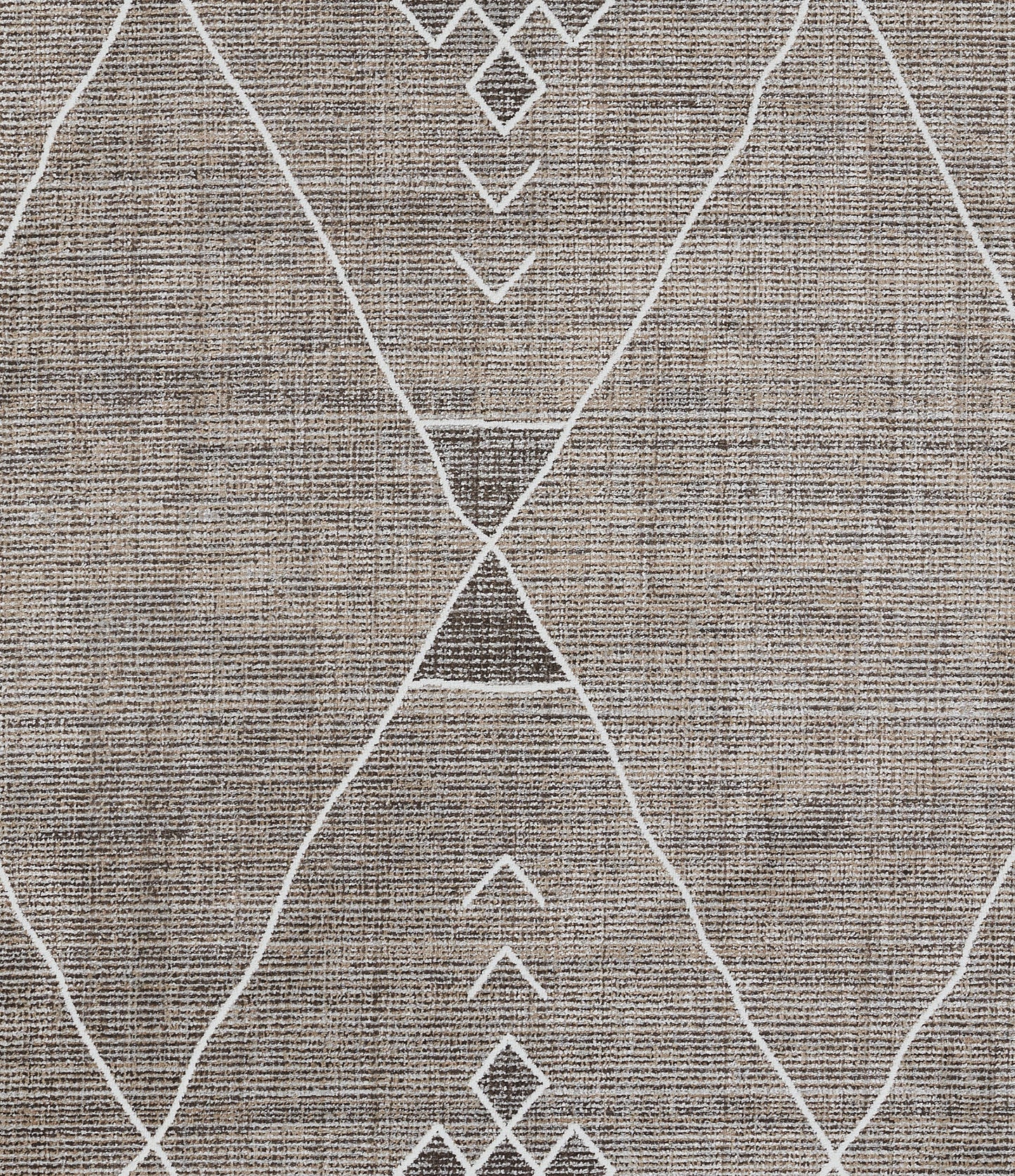 Gray woven rug with white geometric diamond lines creating a modern tribal motif.