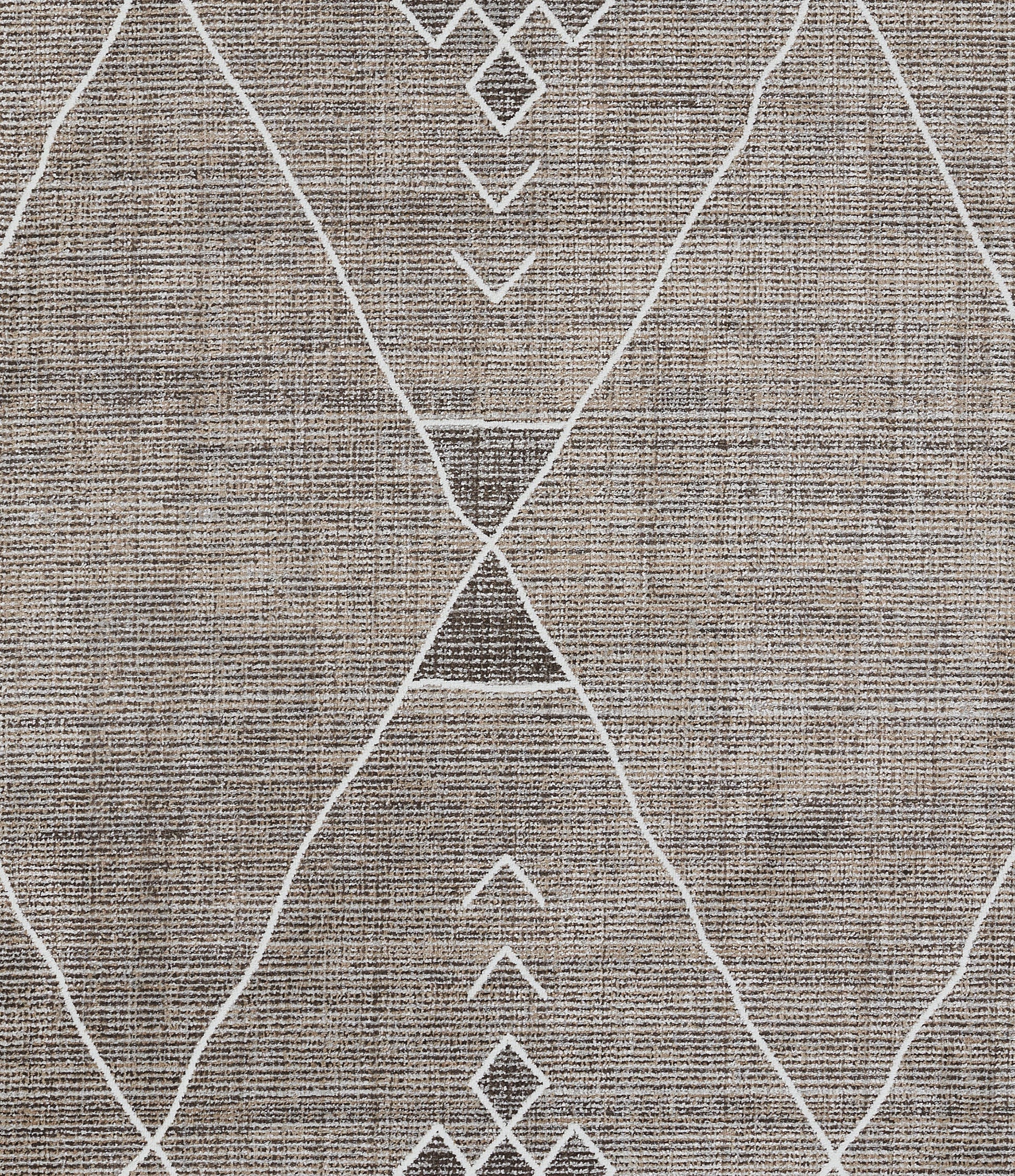 Gray woven rug with white geometric diamond pattern, contemporary boho-style.