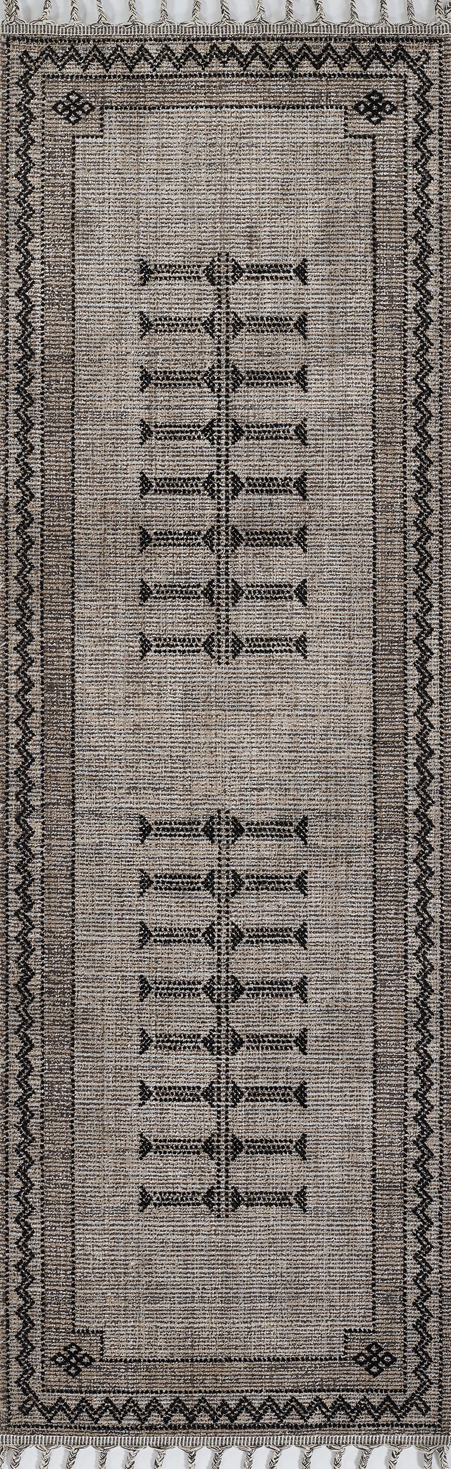 Beige woven runner rug with dark geometric borders and two vertical ladder-like motifs; tribal style.