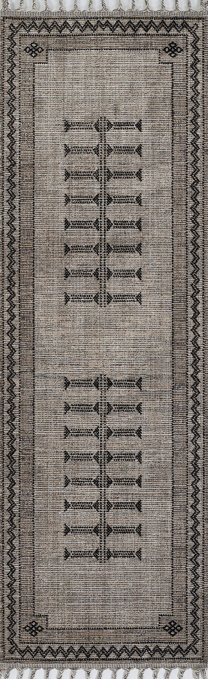 Beige woven runner rug with dark geometric borders and two vertical ladder-like motifs; tribal style.