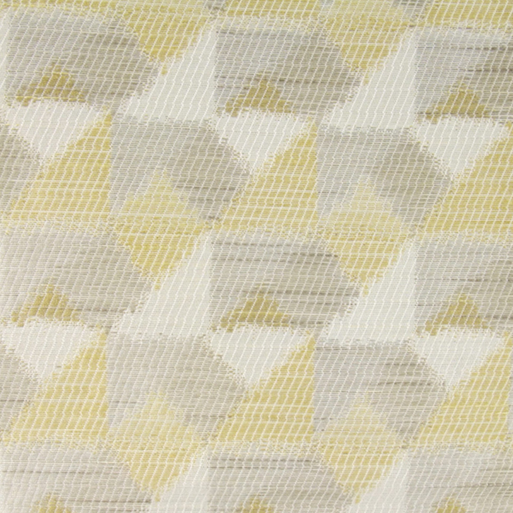 Geometric triangle-patterned woven fabric in pale yellow, gray and cream; ideal for upholstery or cushions.