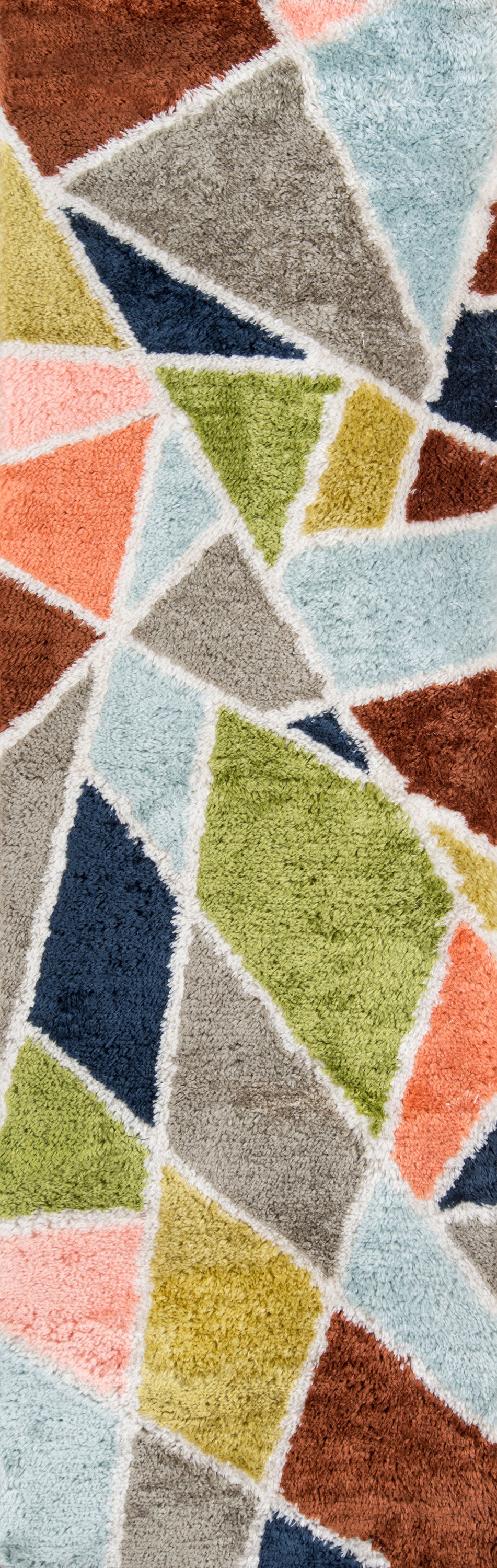 Retro geometric rug with irregular color-block shapes in blues, teals, pinks, greens, grays and browns; mosaic tile look.