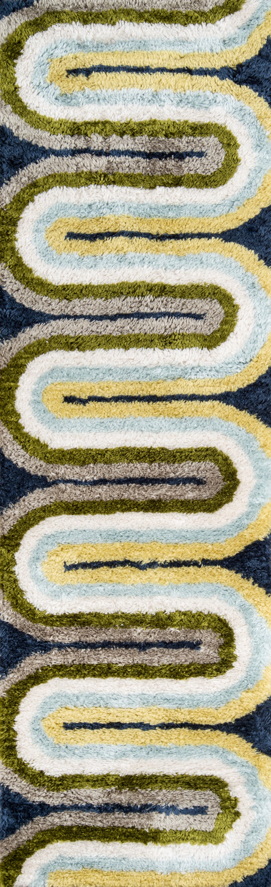 Retro shag rug with looping wavy bands in cream, light blue, and olive on a dark navy background.