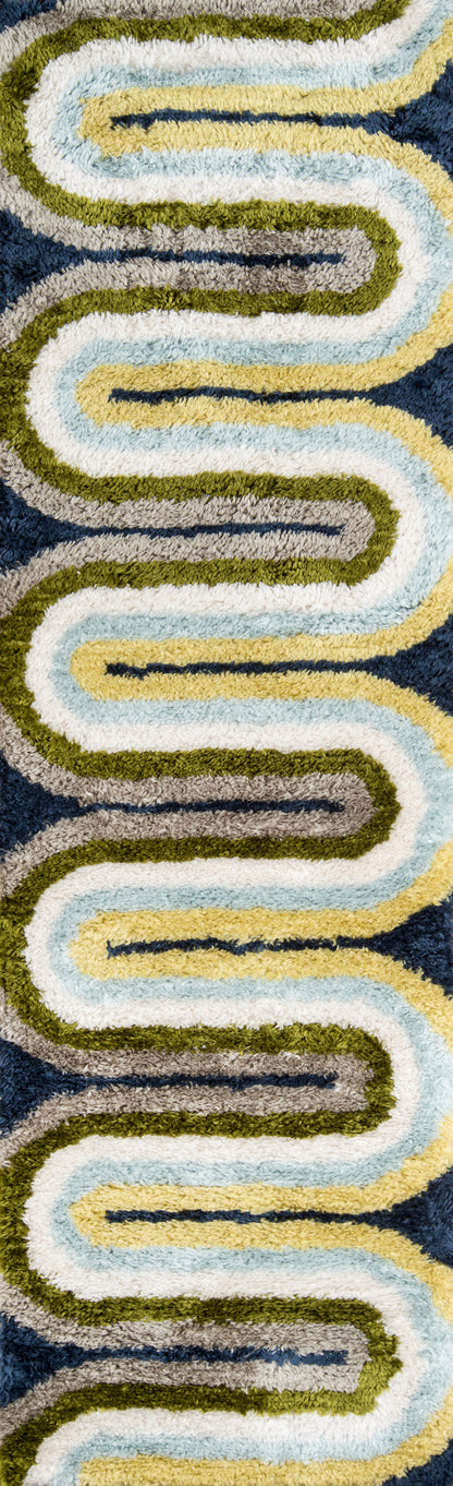 Retro shag rug with looping wavy bands in cream, light blue, and olive on a dark navy background.