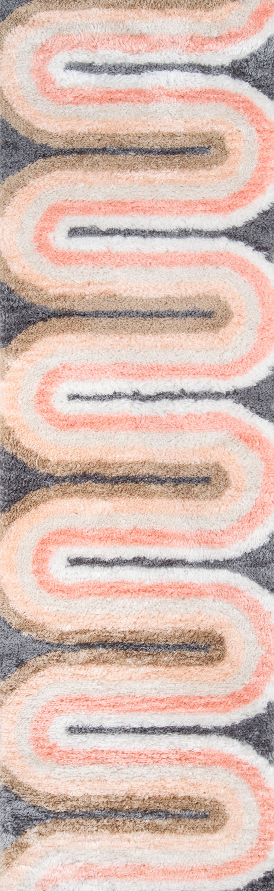 Retro mid-century rug with peach and cream wavy stripes and a dark navy center line on a gray background.