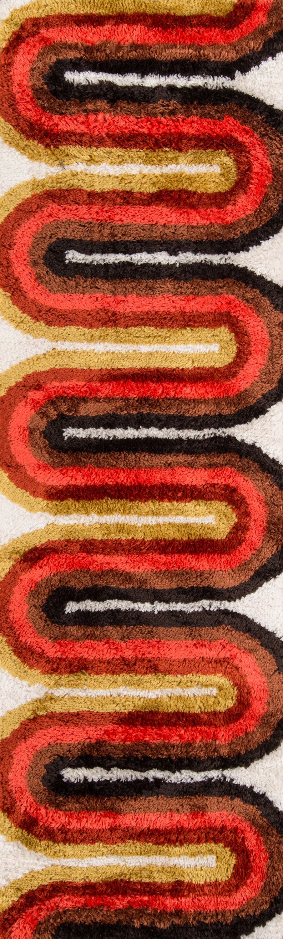 Vertical retro red loop S-pattern rug with black center stripe on beige background, textile print.