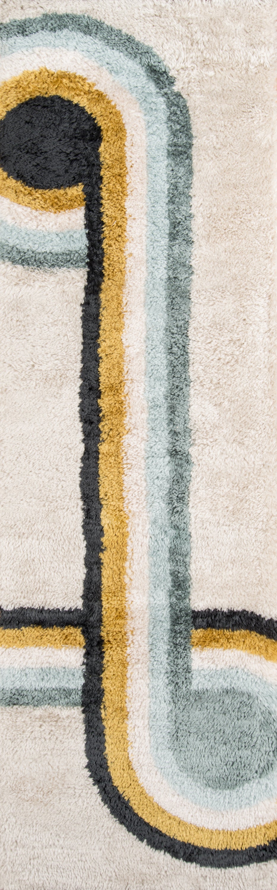 Retro abstract rug with thick curved stripes in black, mustard, white, light blue and teal on beige.