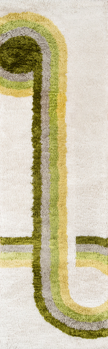 Retro-inspired rug with abstract looping stripes in olive, lime, gray and brown on a light beige textured pile.