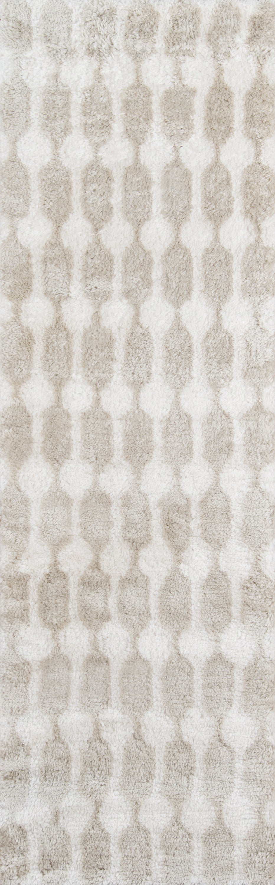 Taupe and ivory retro geometric textile pattern with vertical linked ovals, ideal for wallpaper or upholstery.