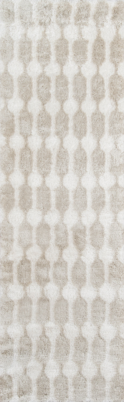 Taupe and ivory retro geometric textile pattern with vertical linked ovals, ideal for wallpaper or upholstery.