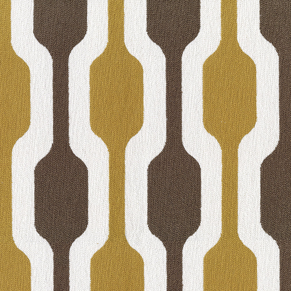 Mustard gold, brown and white woven fabric with repeating vertical hourglass shapes in a retro geometric pattern.