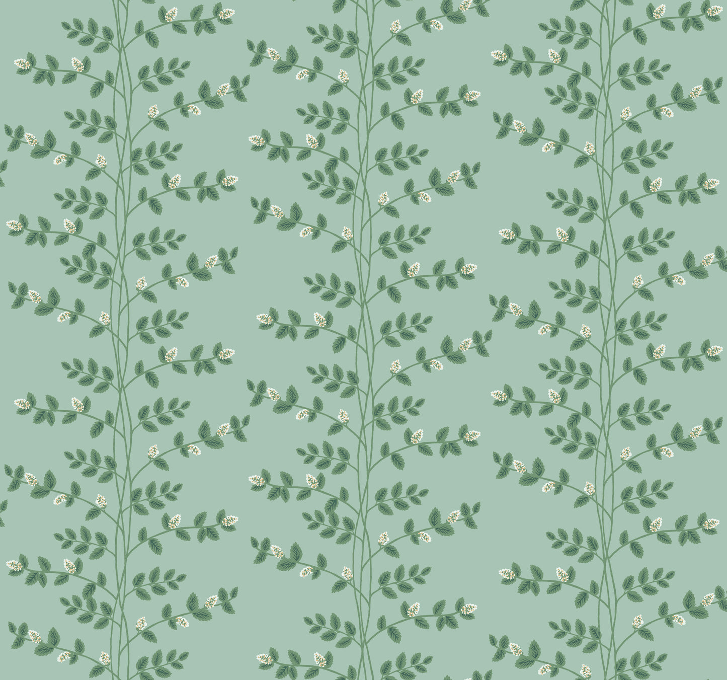 Seamless botanical wallpaper featuring slender climbing vine stems, small leaves and tiny pale flowers on a soft teal background.