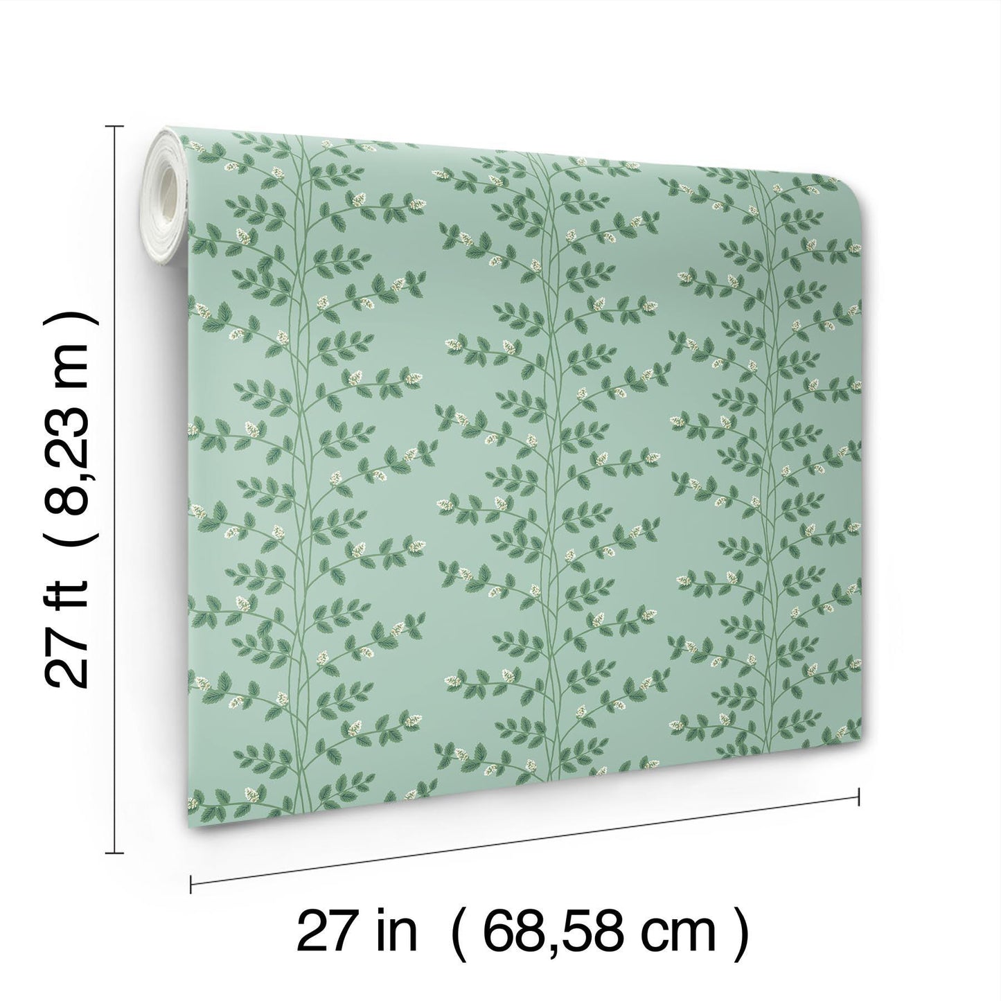 Mint green wallpaper with vertical leafy vine pattern; botanical design, 27in x 27ft roll.