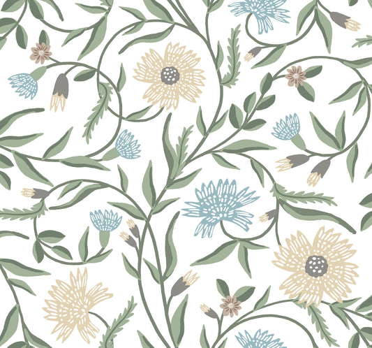 York Wallcoverings Rifle Paper Co. 3rd Edition Aster White Wallpaper Farmhouse Florals Greens   - RF7431