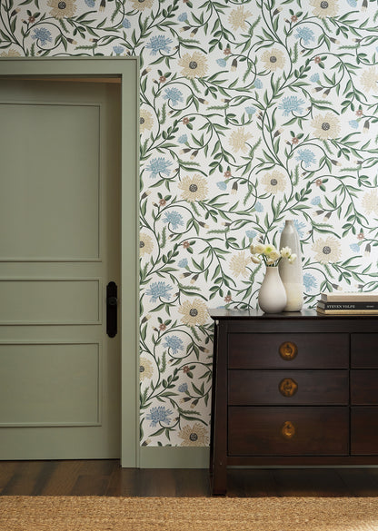 York Wallcoverings Rifle Paper Co. 3rd Edition Aster White Wallpaper Farmhouse Florals Greens   - RF7431