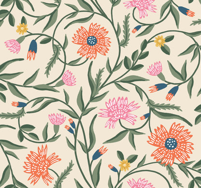 York Wallcoverings Rifle Paper Co. 3rd Edition Aster Coral Wallpaper Farmhouse Florals Oranges   - RF7433
