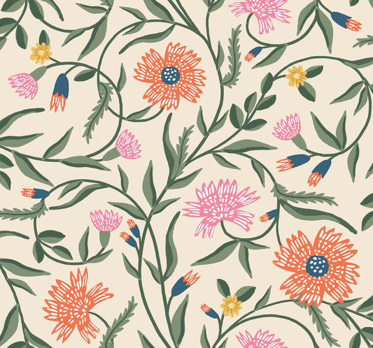 York Wallcoverings Rifle Paper Co. 3rd Edition Aster Coral Wallpaper Farmhouse Florals Oranges   - RF7433