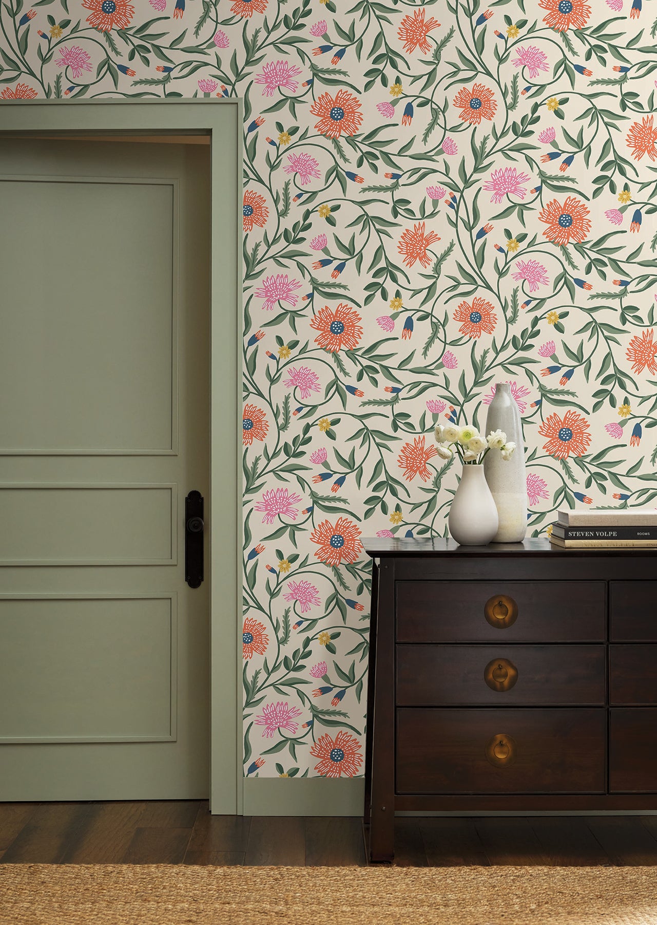York Wallcoverings Rifle Paper Co. 3rd Edition Aster Coral Wallpaper Farmhouse Florals Oranges   - RF7433