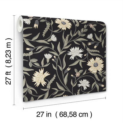 York Wallcoverings Rifle Paper Co. 3rd Edition Aster Black Wallpaper Farmhouse Florals Blacks   - RF7434