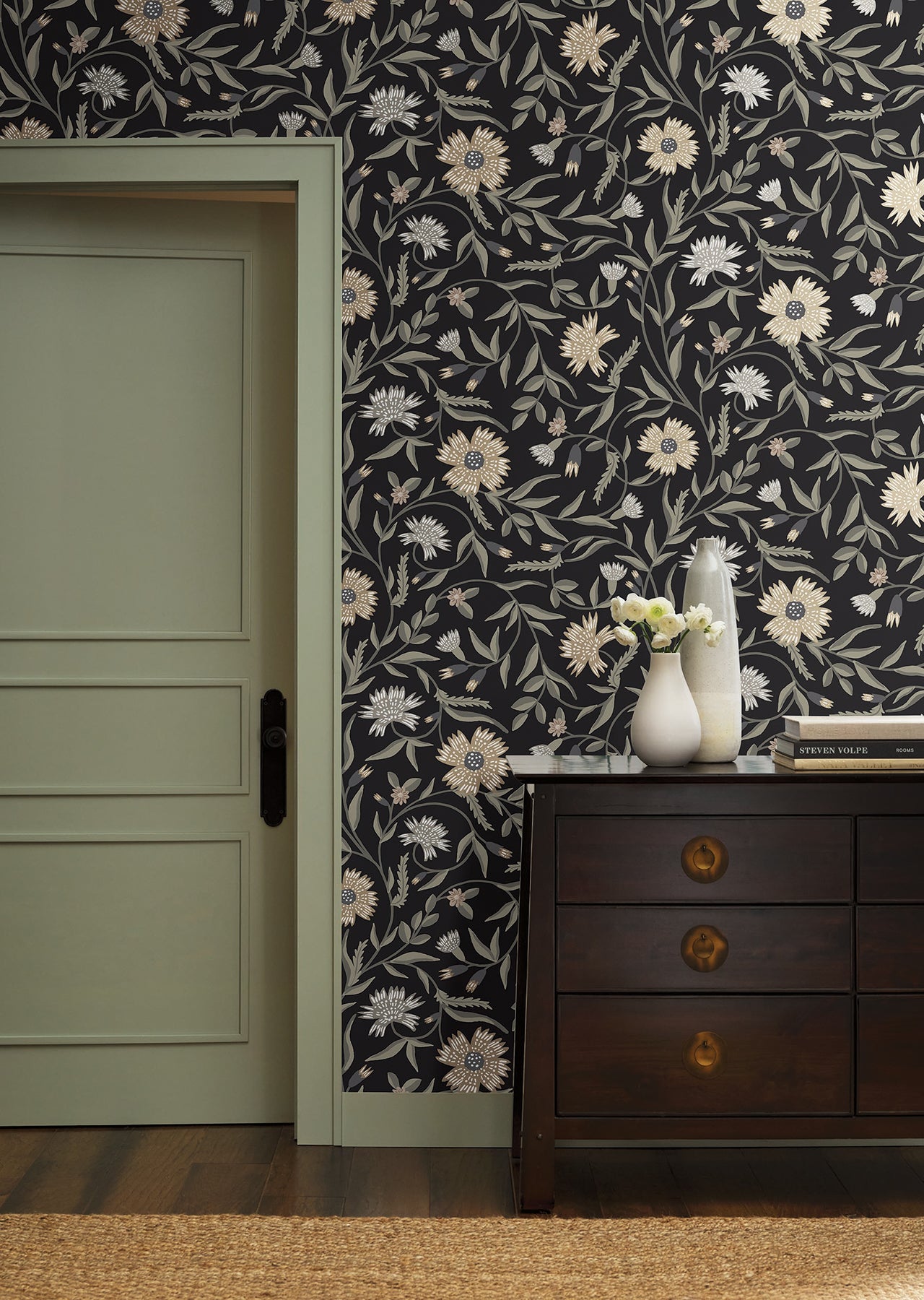 York Wallcoverings Rifle Paper Co. 3rd Edition Aster Black Wallpaper Farmhouse Florals Blacks   - RF7434