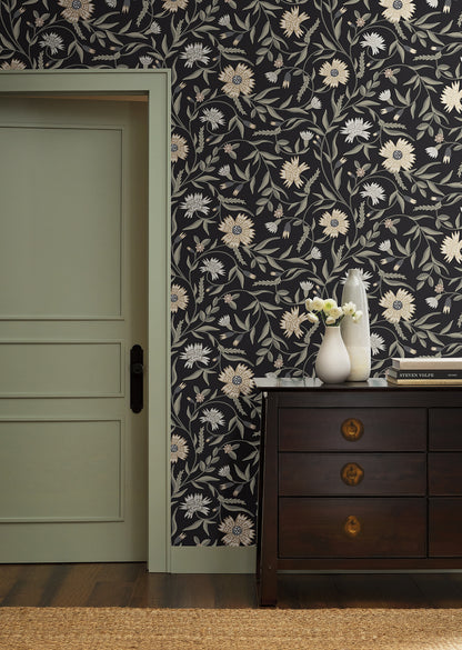 York Wallcoverings Rifle Paper Co. 3rd Edition Aster Black Wallpaper Farmhouse Florals Blacks   - RF7434