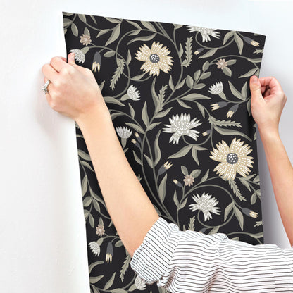 York Wallcoverings Rifle Paper Co. 3rd Edition Aster Black Wallpaper Farmhouse Florals Blacks   - RF7434