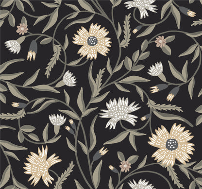 York Wallcoverings Rifle Paper Co. 3rd Edition Aster Black Wallpaper Farmhouse Florals Blacks   - RF7434