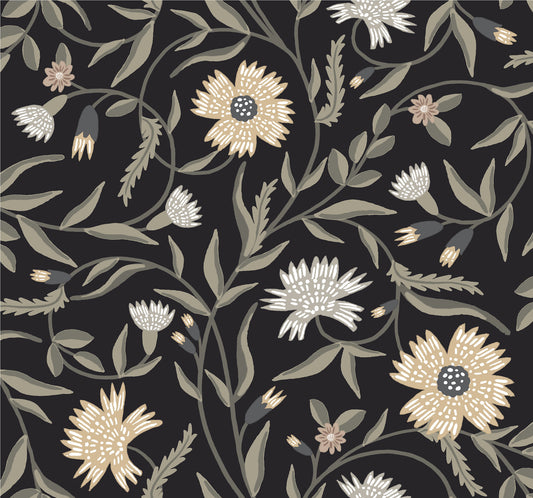 York Wallcoverings Rifle Paper Co. 3rd Edition Aster Black Wallpaper Farmhouse Florals Blacks   - RF7434