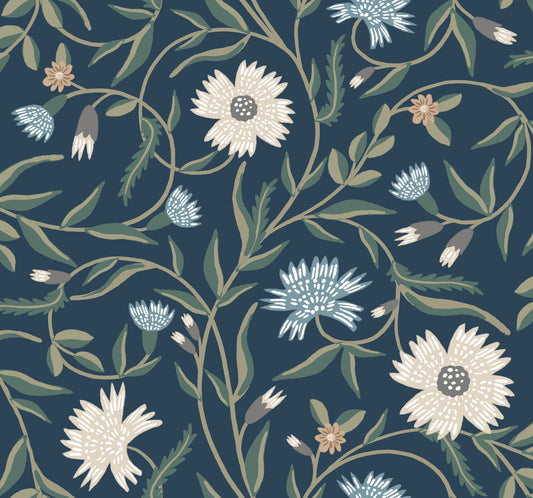 York Wallcoverings Rifle Paper Co. 3rd Edition Aster Navy Wallpaper Farmhouse Florals Blues   - RF7435