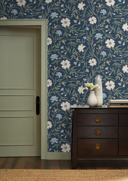 York Wallcoverings Rifle Paper Co. 3rd Edition Aster Navy Wallpaper Farmhouse Florals Blues   - RF7435