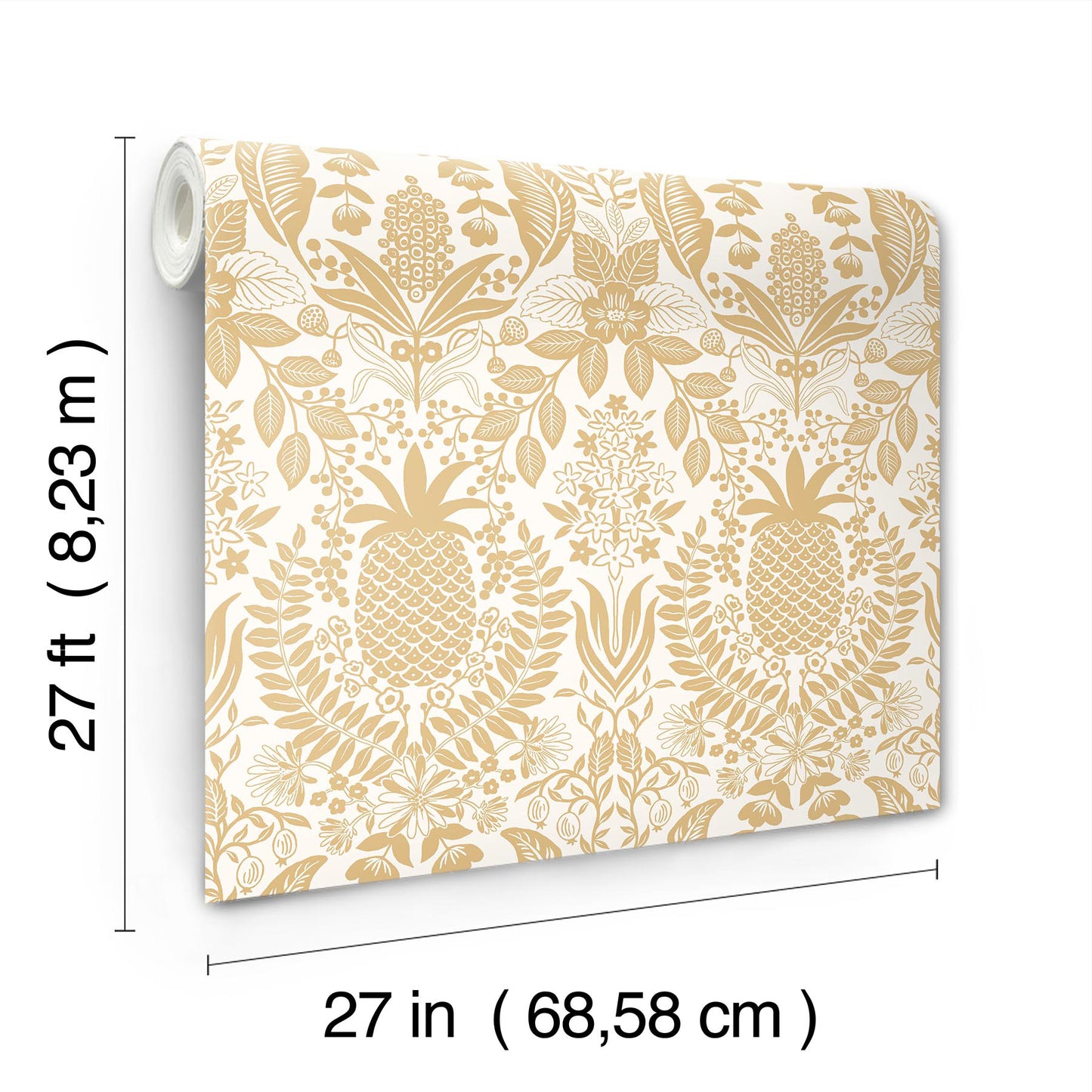 York Wallcoverings Rifle Paper Co. 3rd Edition Pineapple Damask Gold Wallpaper Traditional Novelty Metallics   - RF7482