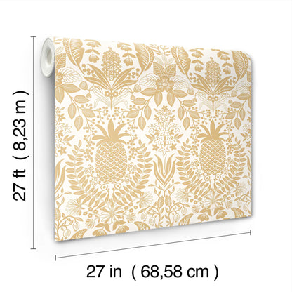 York Wallcoverings Rifle Paper Co. 3rd Edition Pineapple Damask Gold Wallpaper Traditional Novelty Metallics   - RF7482